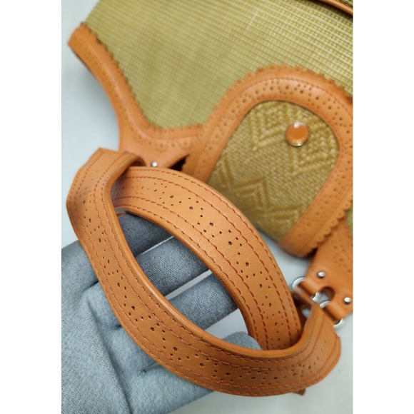 Cole Haan Tan Straw Orange Leather Trim Pocket Double Handle Satchel Bag - Picture 5 of 16
